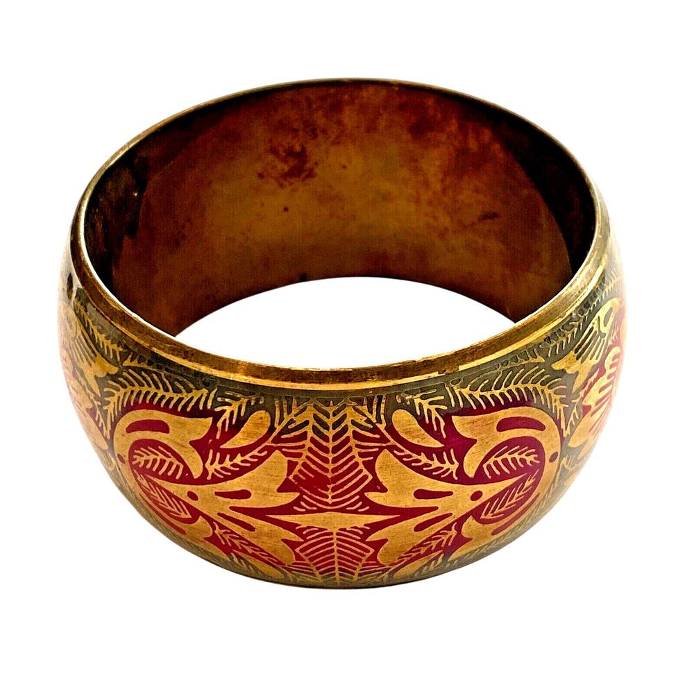 Vintage Brass Bangle Bracelet Chunky Domed Embossed Pink & Green Boho Exotic